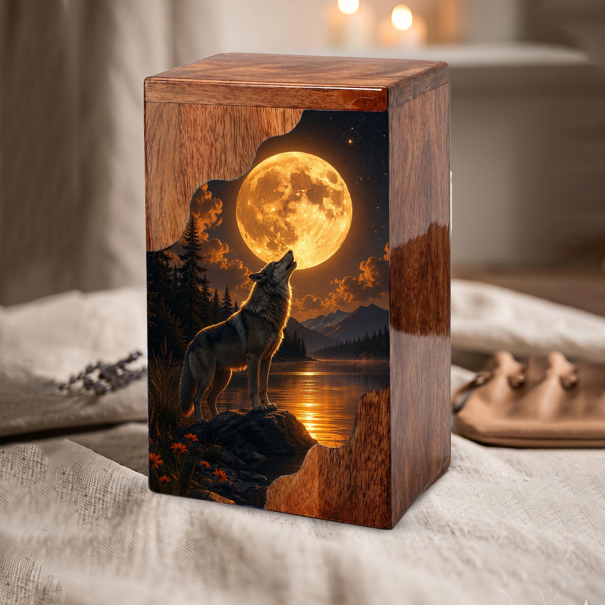 Wolf Moon Wooden Cremation Urn – Personalized Memorial Urn for Human Ashes