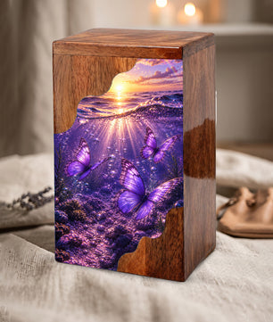 Purple Butterfly Wooden Cremation Urn – Wooden Urn for Human Ashes
