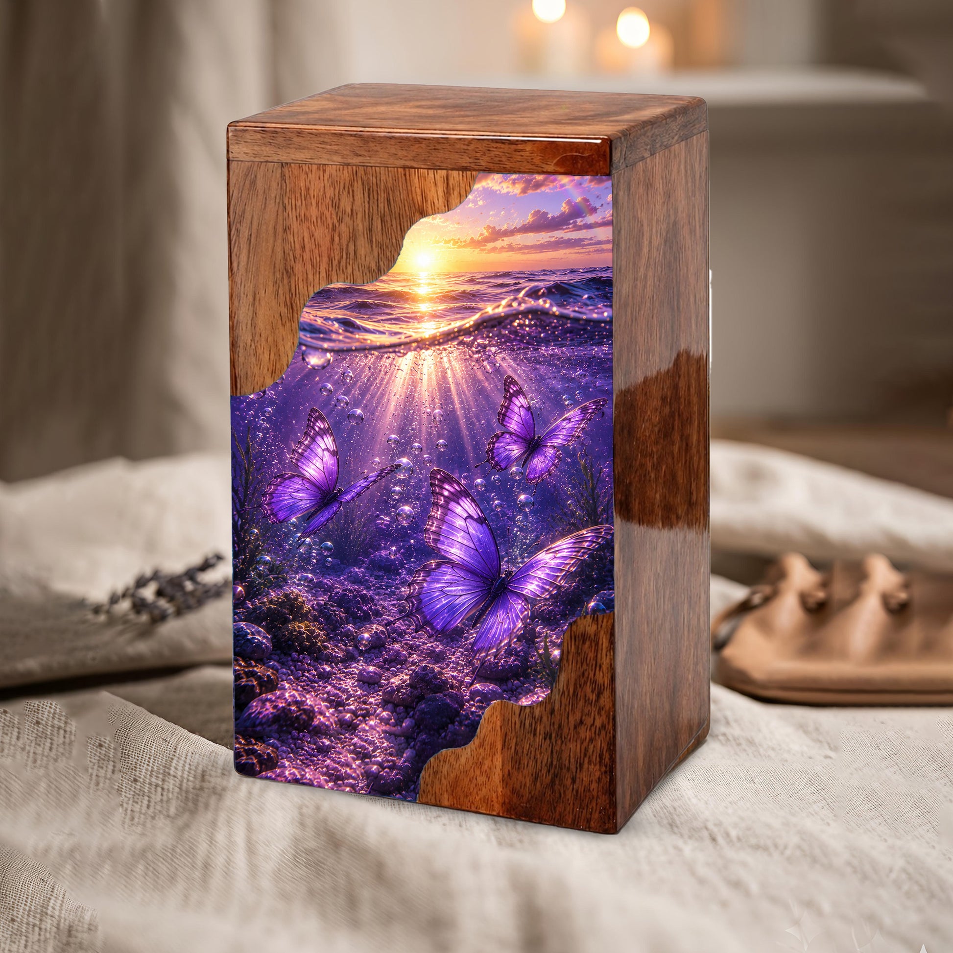 Purple Butterfly Wooden Cremation Urn – Wooden Urn for Human Ashes