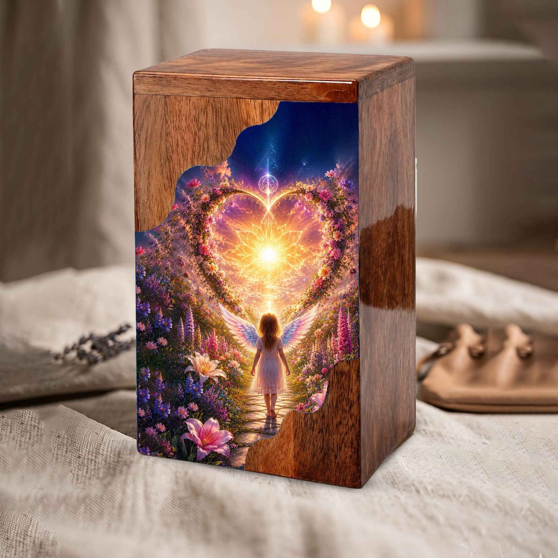 Angel Child Wooden Cremation Urn for Mom, Wooden Urn for Human Ashe
