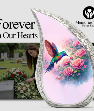 Personalized Hummingbird Cremation Urn – Custom Rose Memorial Urn for Ashes, Floral Teardrop Aluminum Adult Urn, 10 Inch