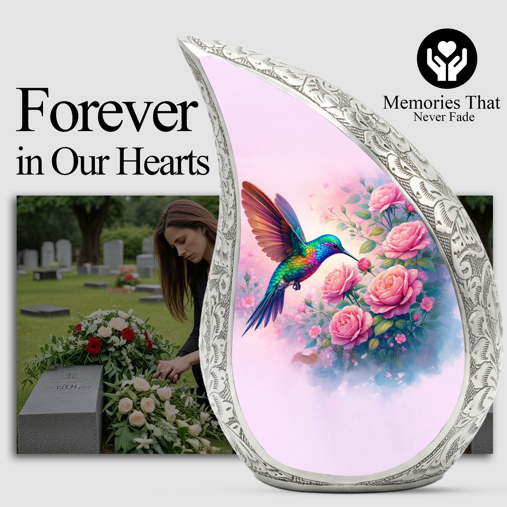 Personalized Hummingbird Cremation Urn – Custom Rose Memorial Urn for Ashes, Floral Teardrop Aluminum Adult Urn, 10 Inch