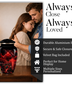 Red Rose Cremation Urn – Romantic Memorial Adult Urn for Ashes with Sunset Design