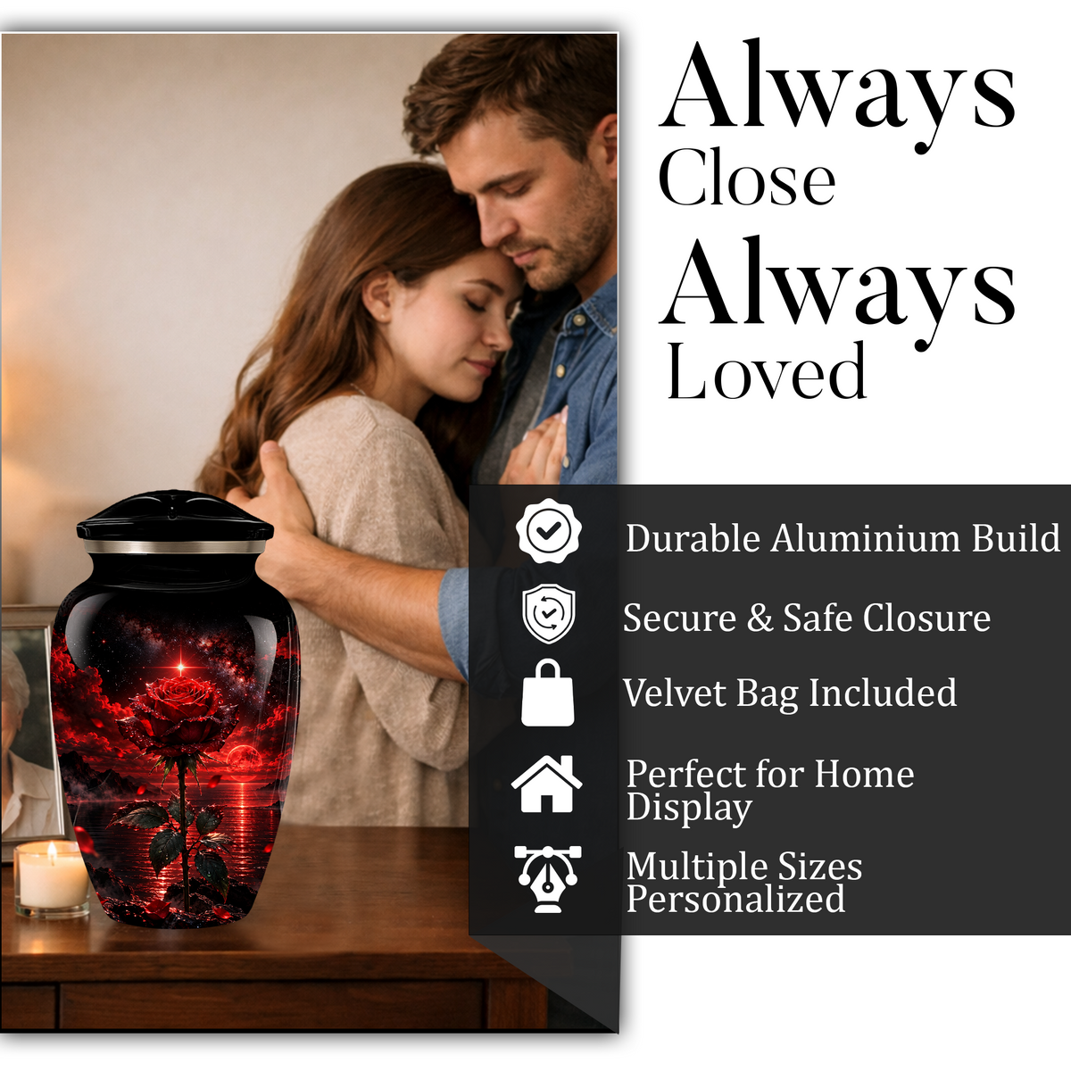 Red Rose Cremation Urn – Romantic Memorial Adult Urn for Ashes with Sunset Design