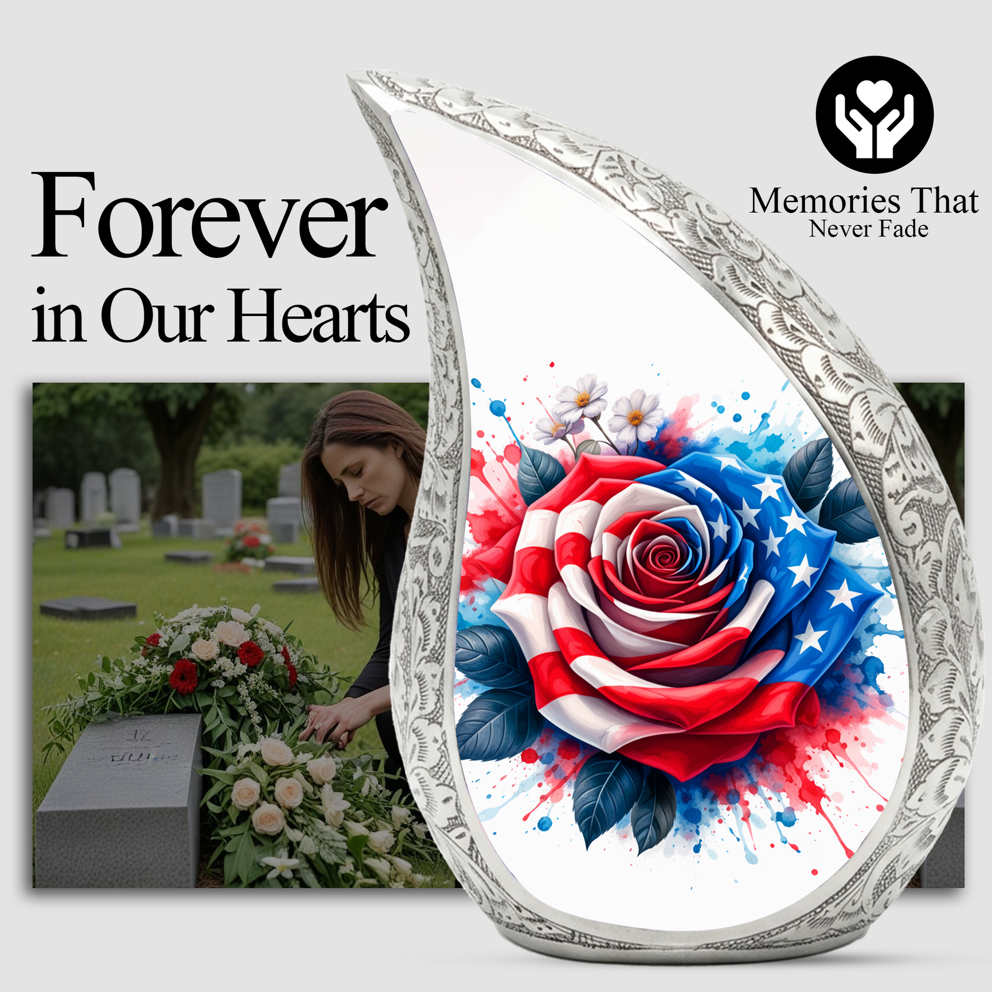 American Flag Rose Adult Cremation Urn,Personalized Memorial Urn for Mom or Dad