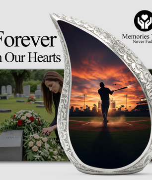 Baseball Player Memorial Urn | Personalized Cremation Urn for Dad | Sunset Baseball Memorial for Ashes