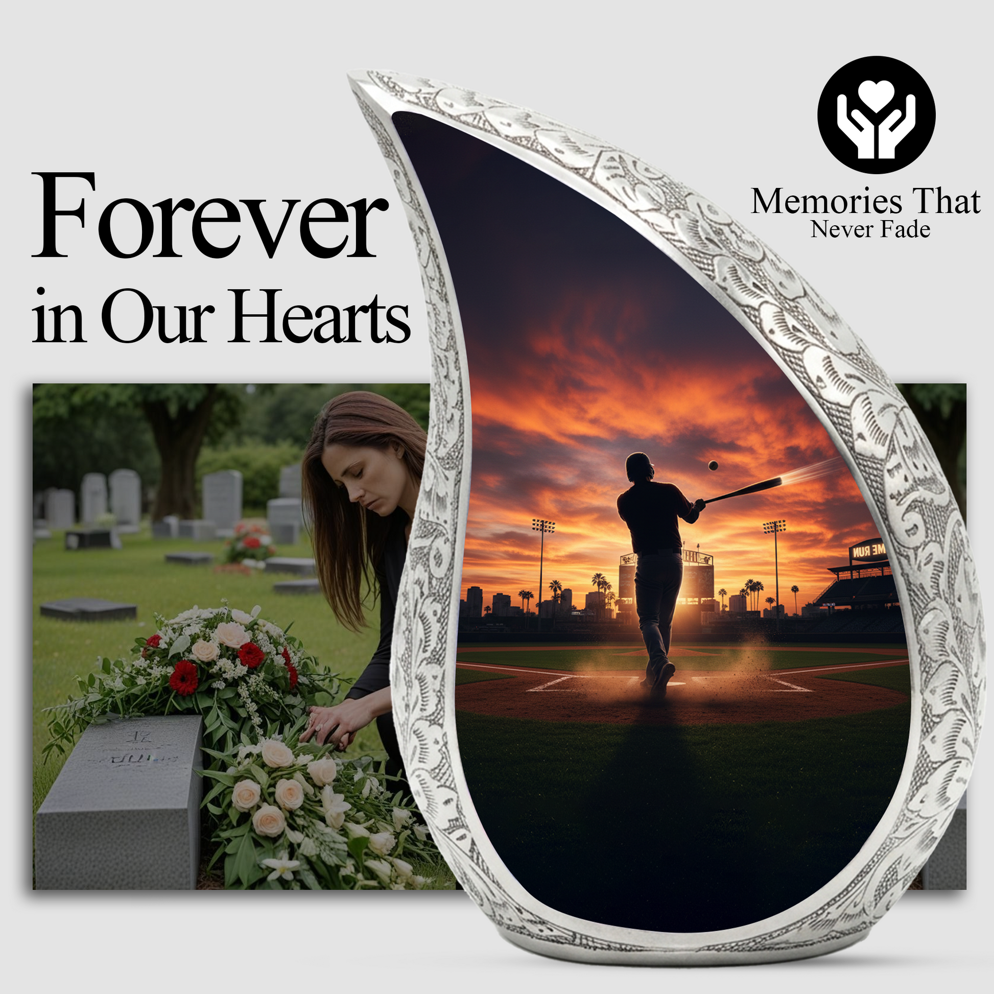 Baseball Player Memorial Urn | Personalized Cremation Urn for Dad | Sunset Baseball Memorial for Ashes