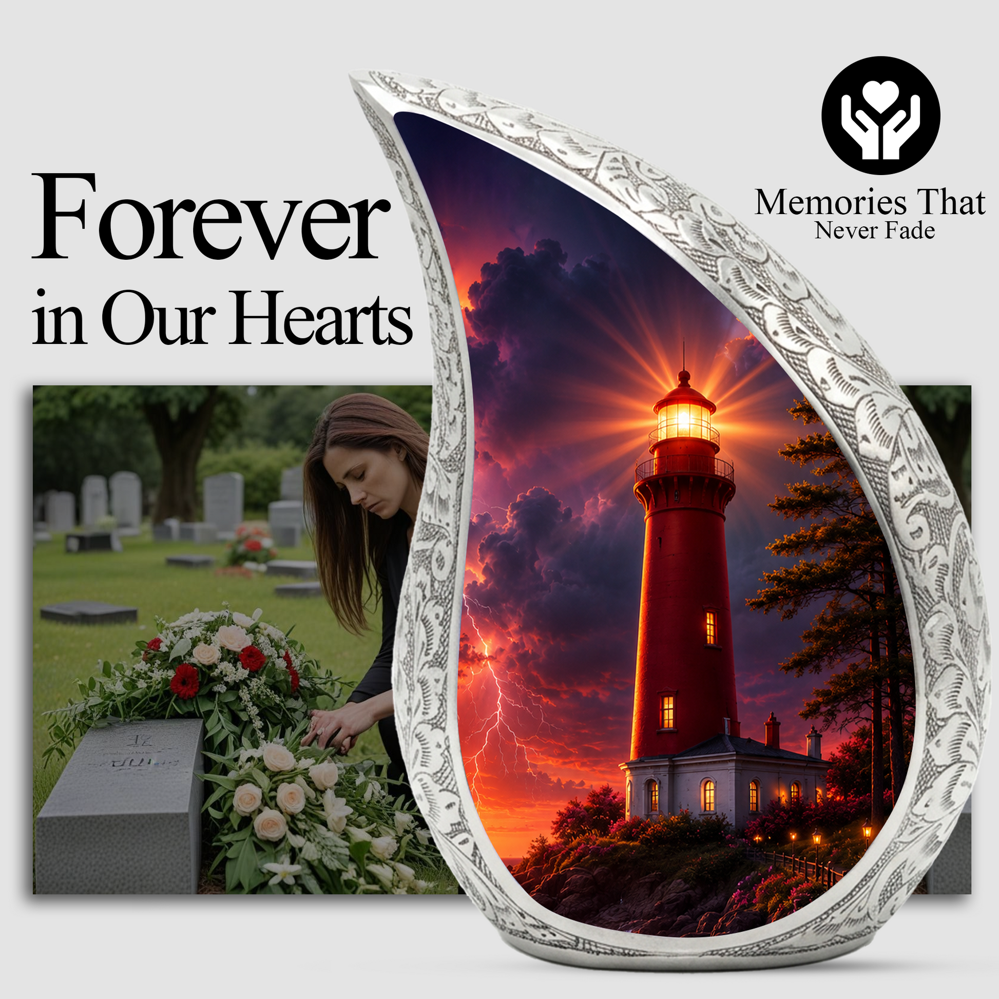 Orange Lighthouse Thunder Urn for Human Ashes | Adult Cremation Urn for Men & Women