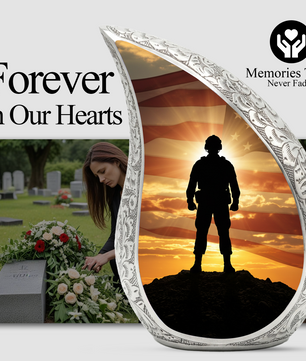 Patriotic Soldier Personalized Cremation Urn – Teardrop Style Aluminum Memorial Urn, 10 Inch