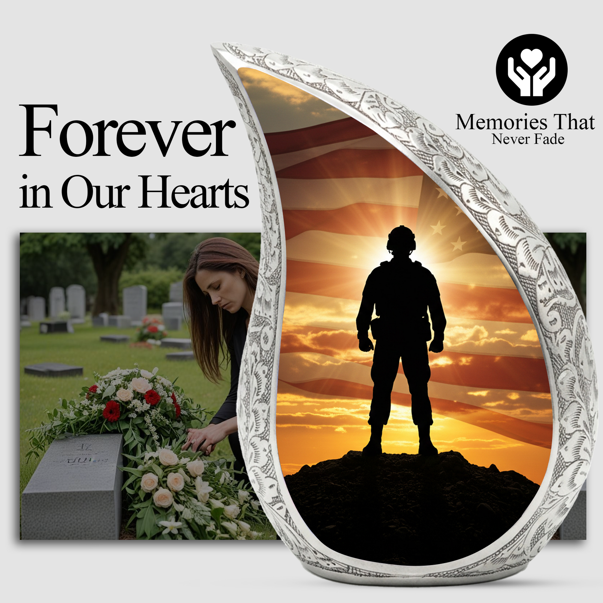 Patriotic Soldier Personalized Cremation Urn – Teardrop Style Aluminum Memorial Urn, 10 Inch