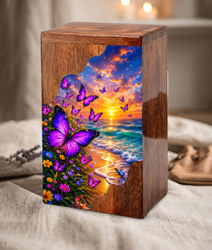 Purple Butterfly Beach Wooden Cremation Urn – Wooden Urn for Human Ashes