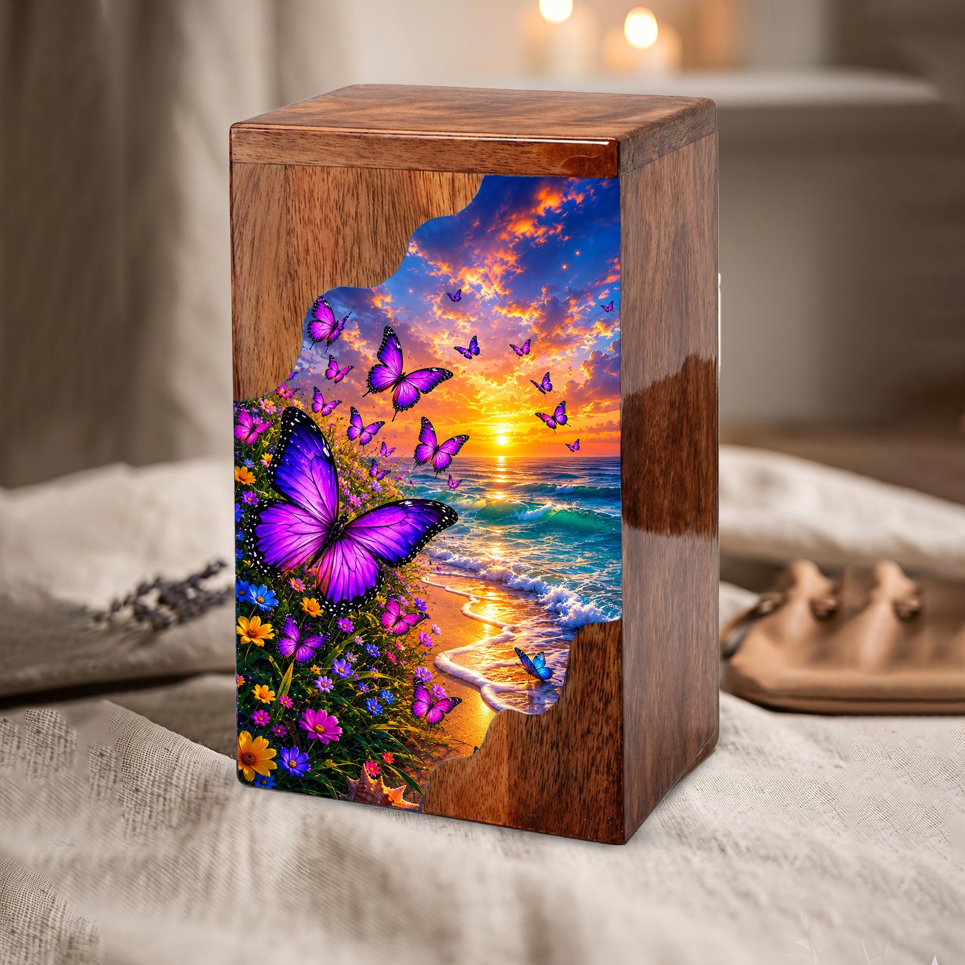Purple Butterfly Beach Wooden Cremation Urn – Wooden Urn for Human Ashes