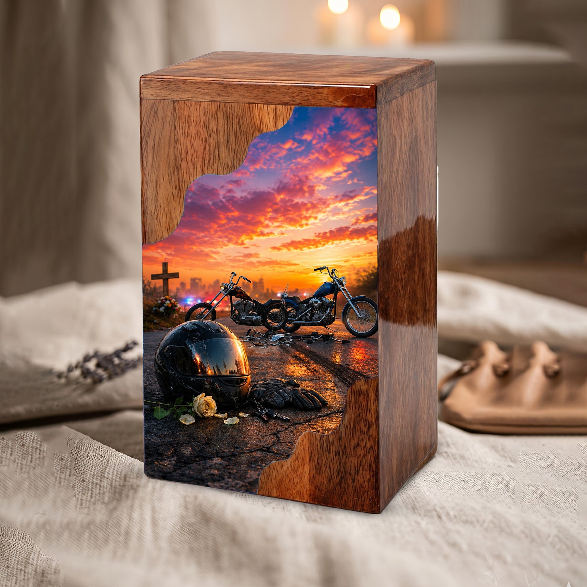 Motorcycle Memorial Wooden Cremation Urn – Wooden Urn for Human Ashes