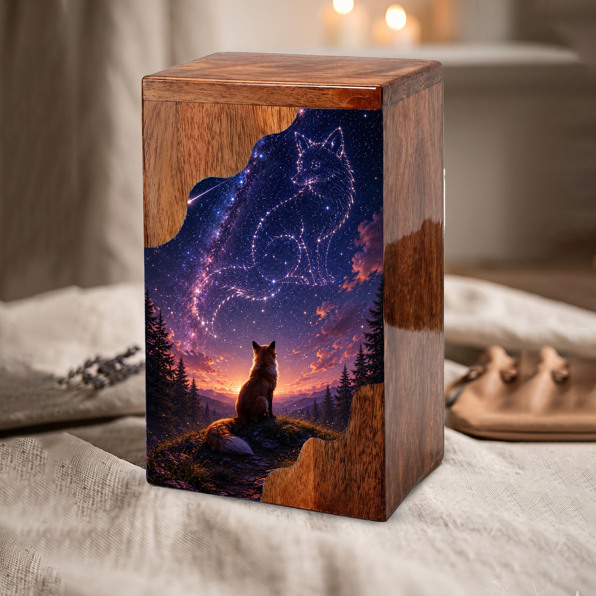 Fox Memorial Wooden Cremation Urn – Wooden Urn for Human Ashes