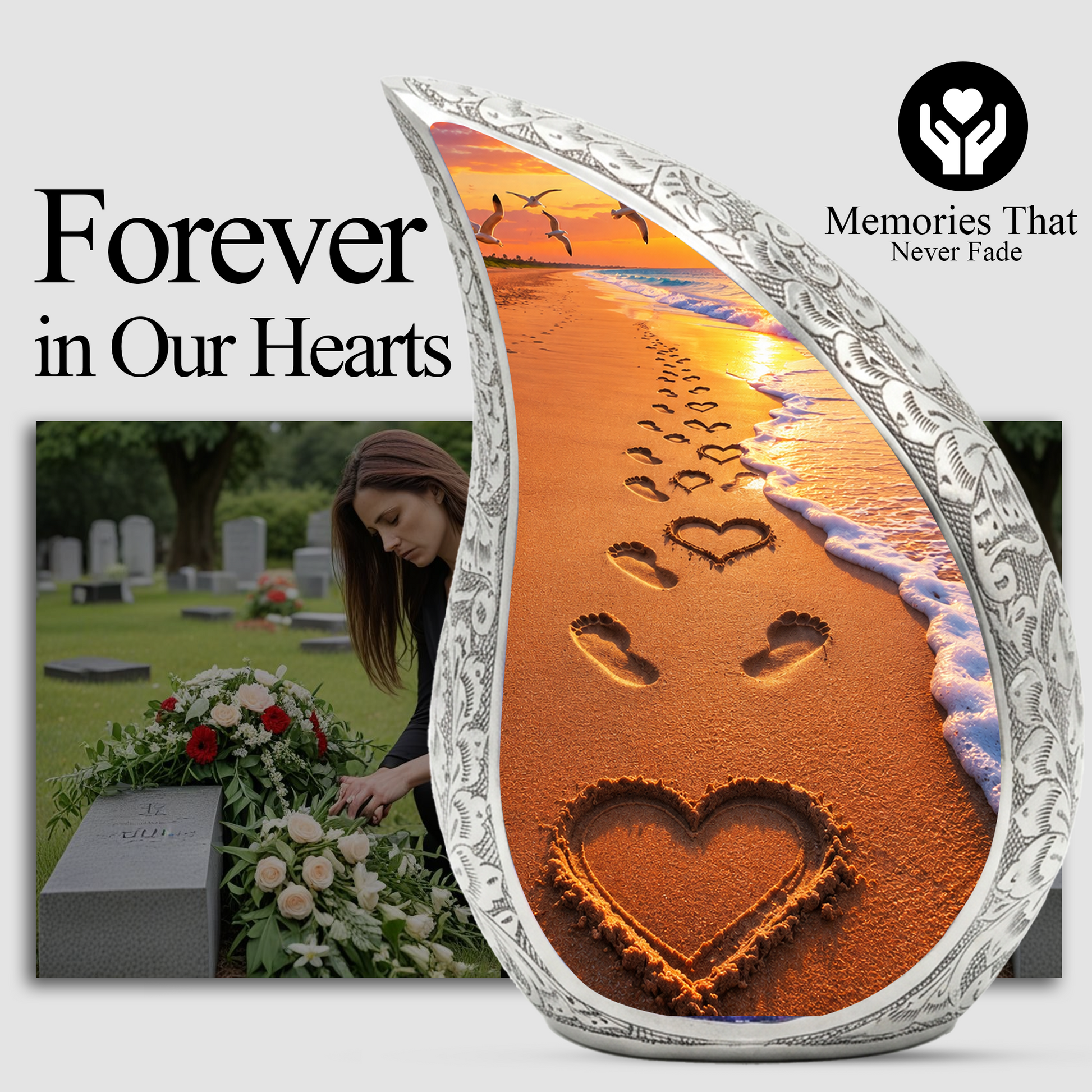 Beach Footprints Memorial Urn for Human Ashes – Personalized Cremation Urn | Heart in Sand Funeral Urn for Mom, Dad & Loved Ones