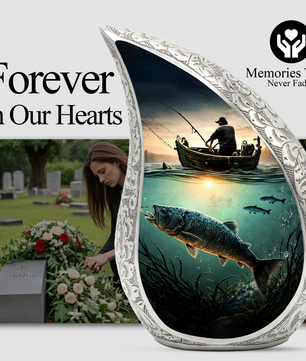 Fishing Personalized Cremation Urn – Teardrop Style Aluminum Memorial Urn, 10 Inch