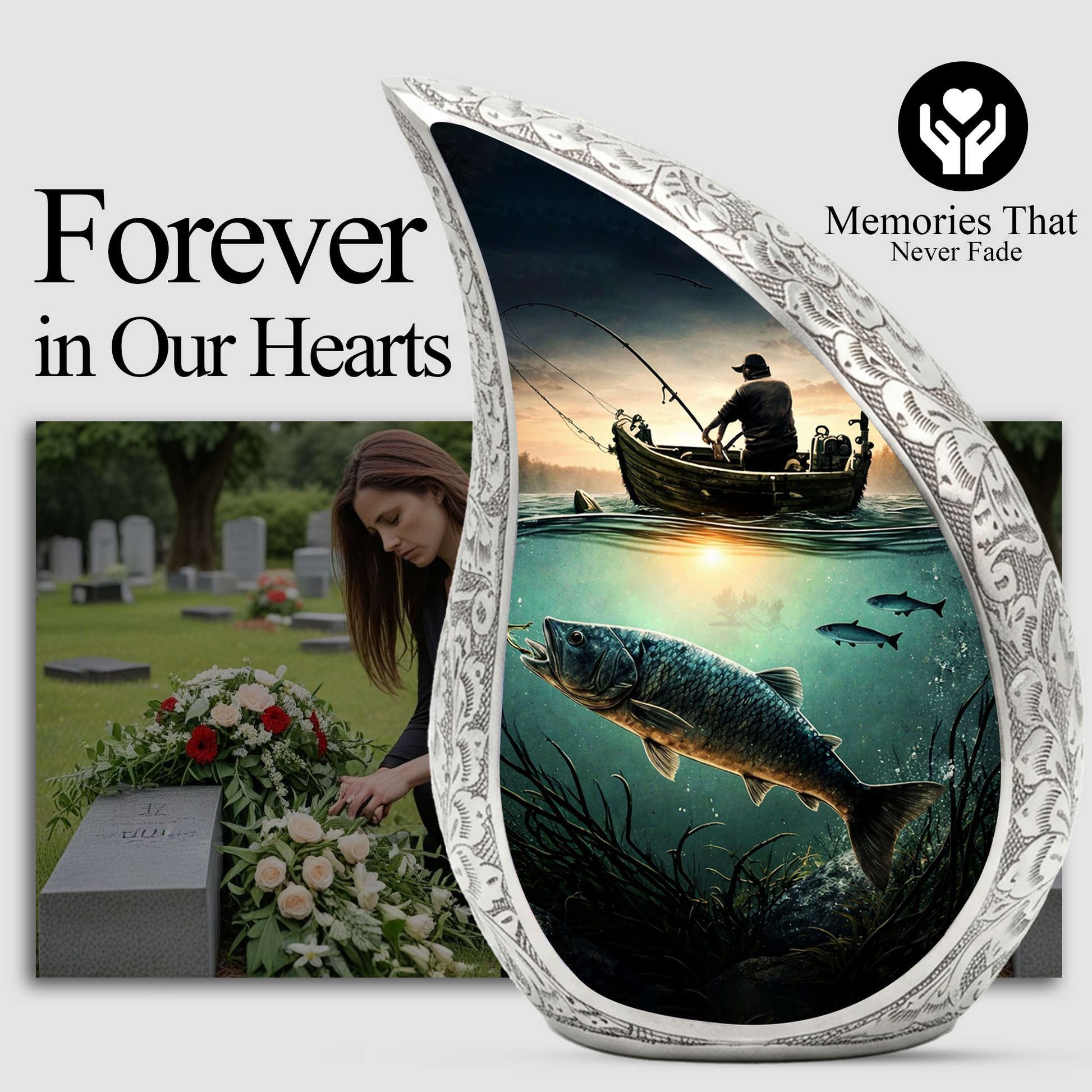Fishing Personalized Cremation Urn – Teardrop Style Aluminum Memorial Urn, 10 Inch