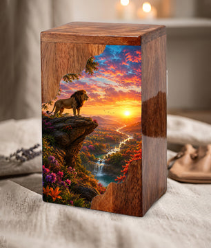 Lion Wooden Cremation Urn – Sunset Memorial Urn for Human Ashes |