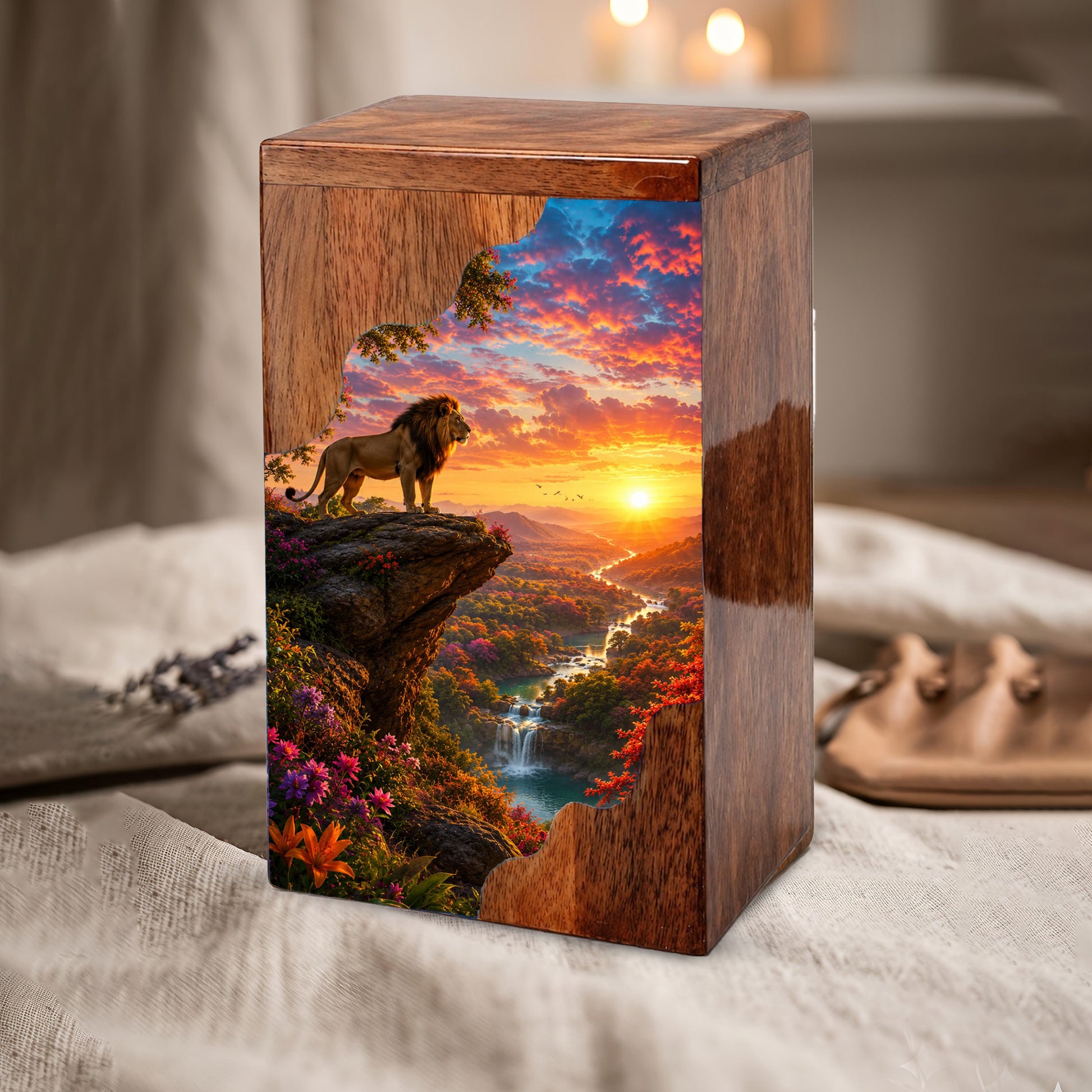 Lion Wooden Cremation Urn – Sunset Memorial Urn for Human Ashes |