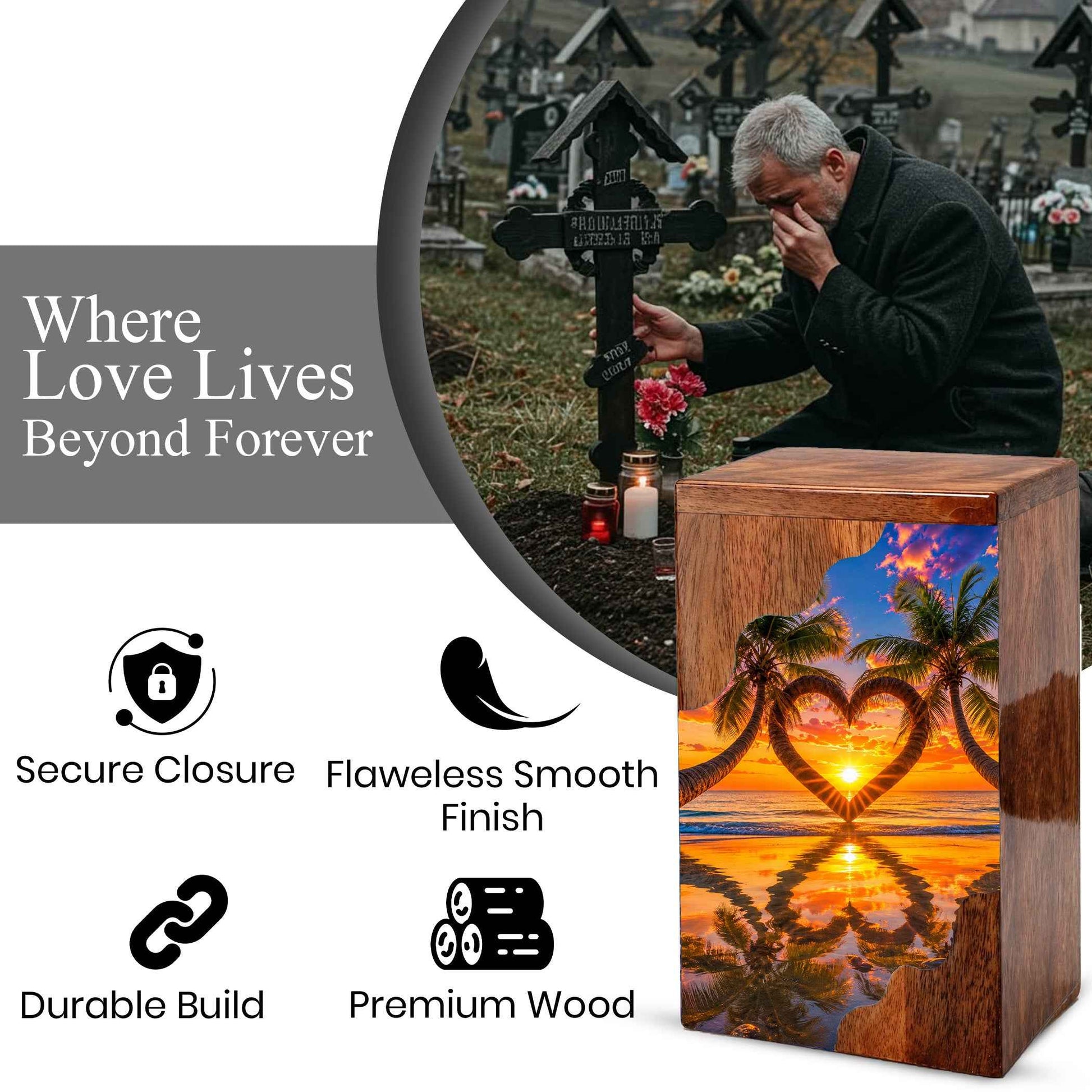 Sunset Beach Urn For Human Ashes – Coastal Beach Mini Wooden Keepsake
