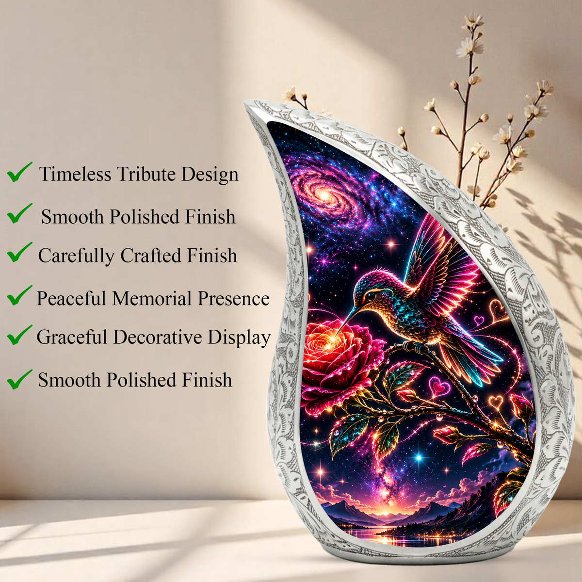 Hummingbird Adult Urn for Ashes, Hummingbird and Rose Cremation Urn for Human Ashes