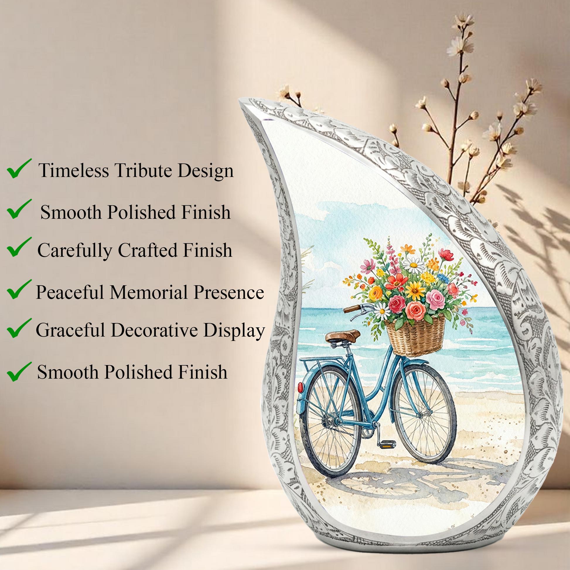 Coastal Bicycle Personalized Cremation Urn – Teardrop Style Aluminum Memorial Urn, 10 Inch