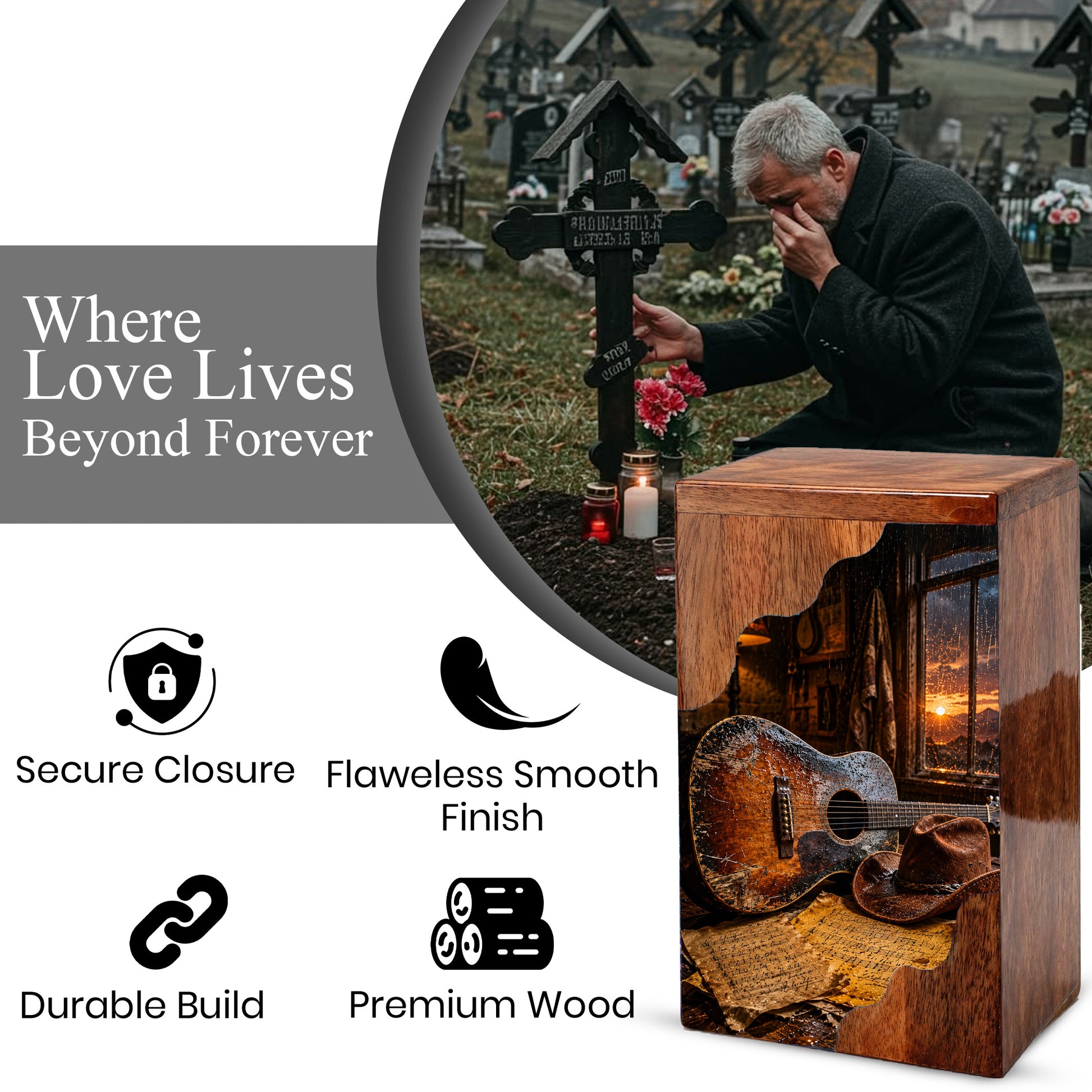 Music Wooden Cremation Urn – Guitar Memorial Urn | Rustic Wooden Urn for Human Ashes