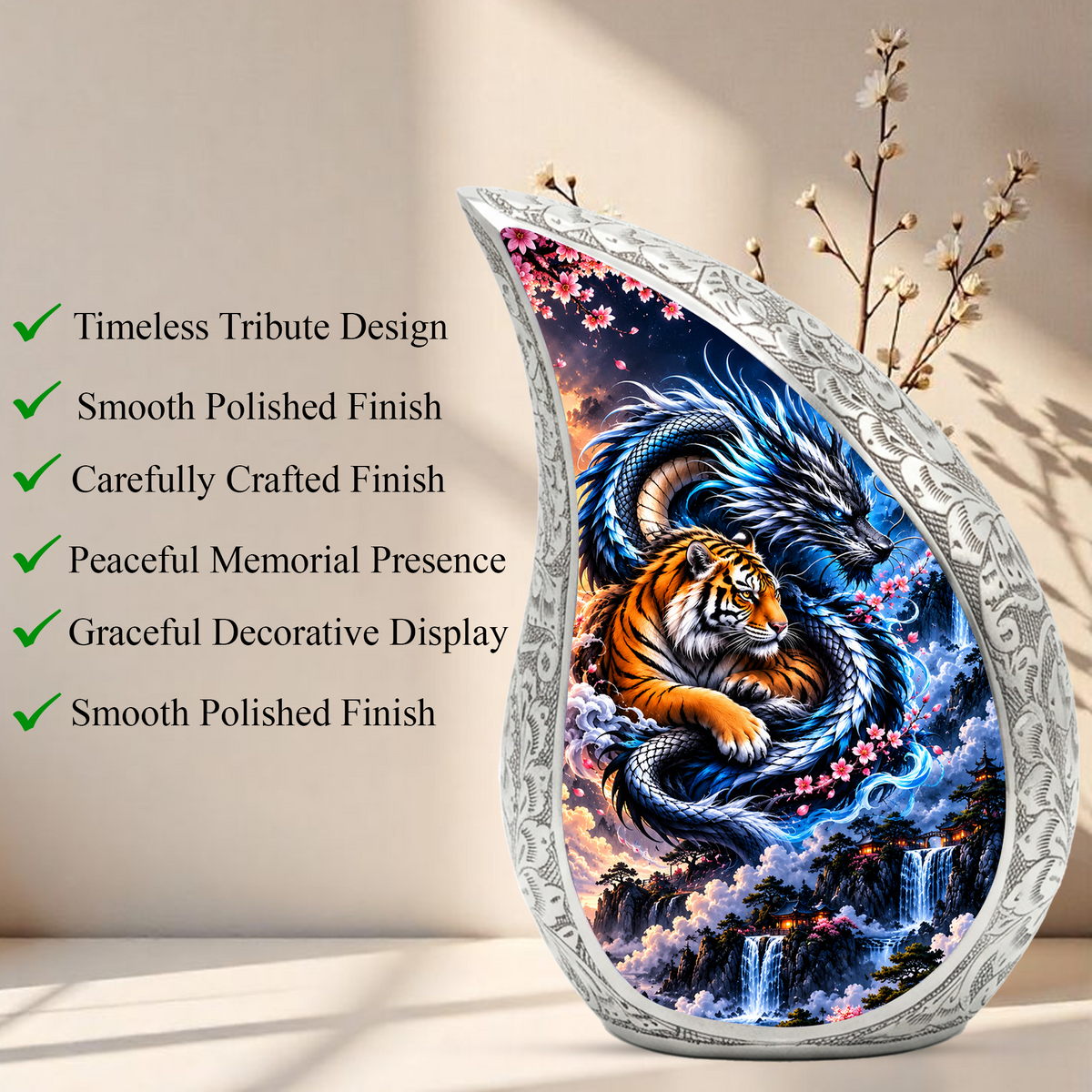 Dragon and Tiger Cremation Urn for Ashes, Asian Mythical Animal Memorial Urn