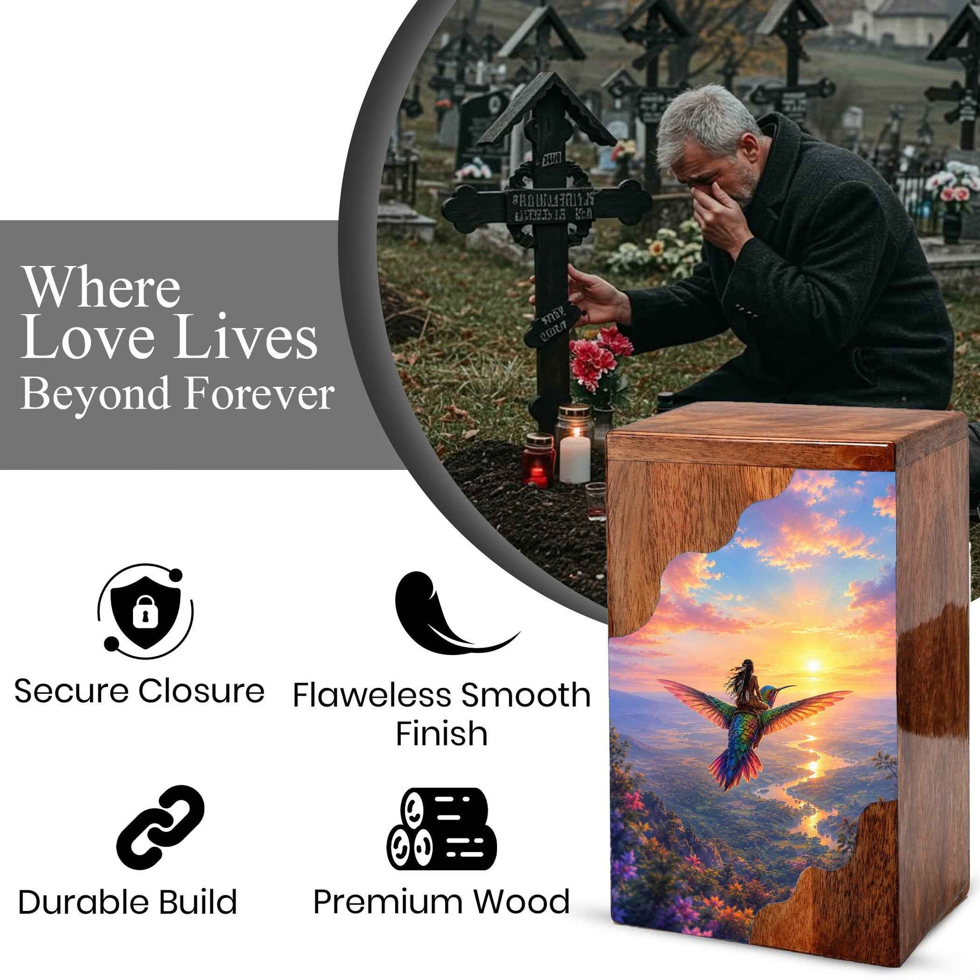 Hummingbird Wooden Cremation Urn for Human Ashes
