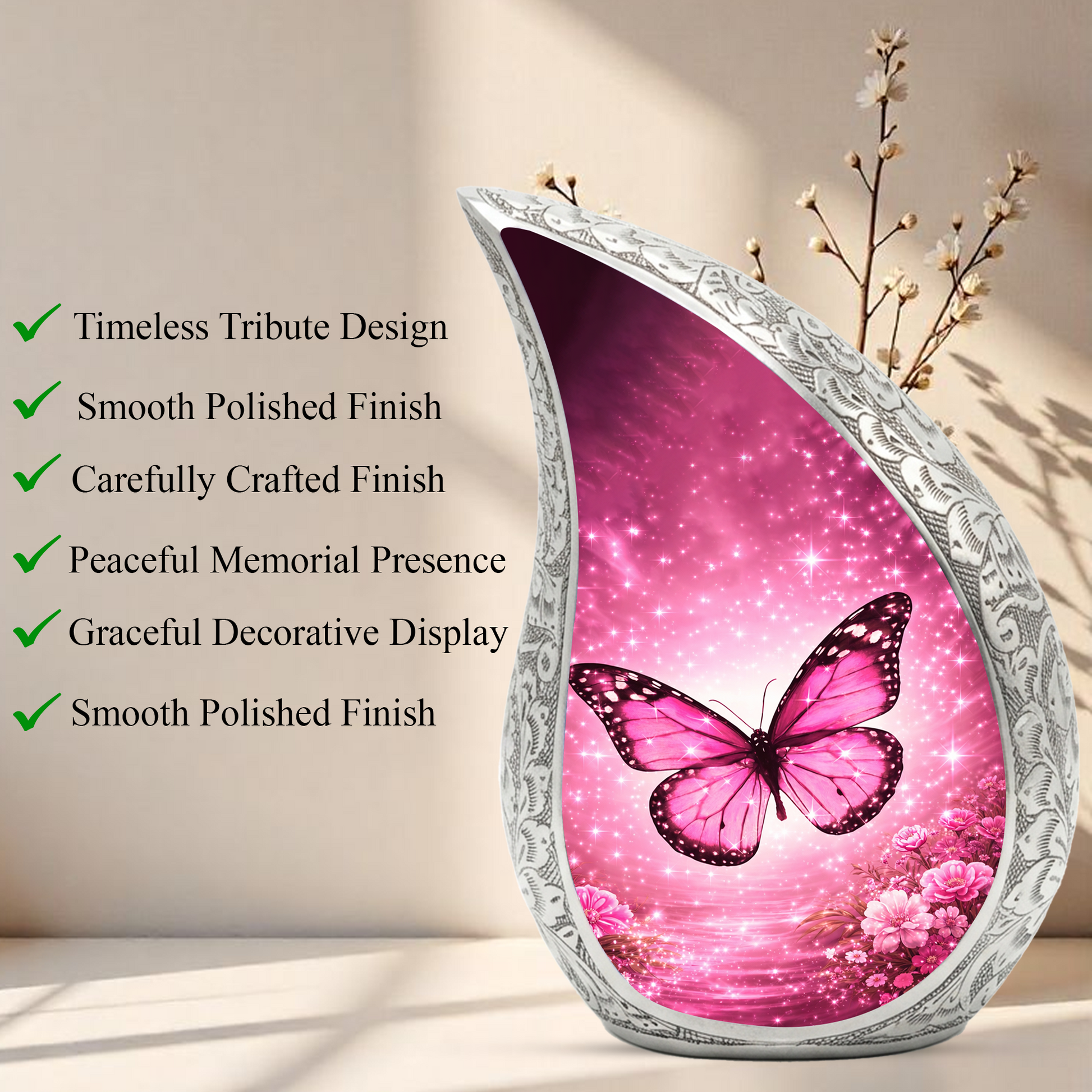 Beautiful Pink Butterfly Flower Cremation Urn for Adult Ashes