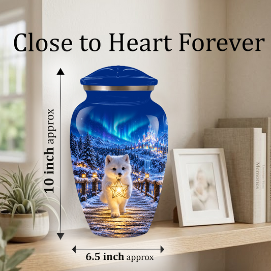 Arctic Puppy Cremation Urn for Adult Ashes, Personalized Blue Memorial Urn with Snowy Winter Wonderland Design