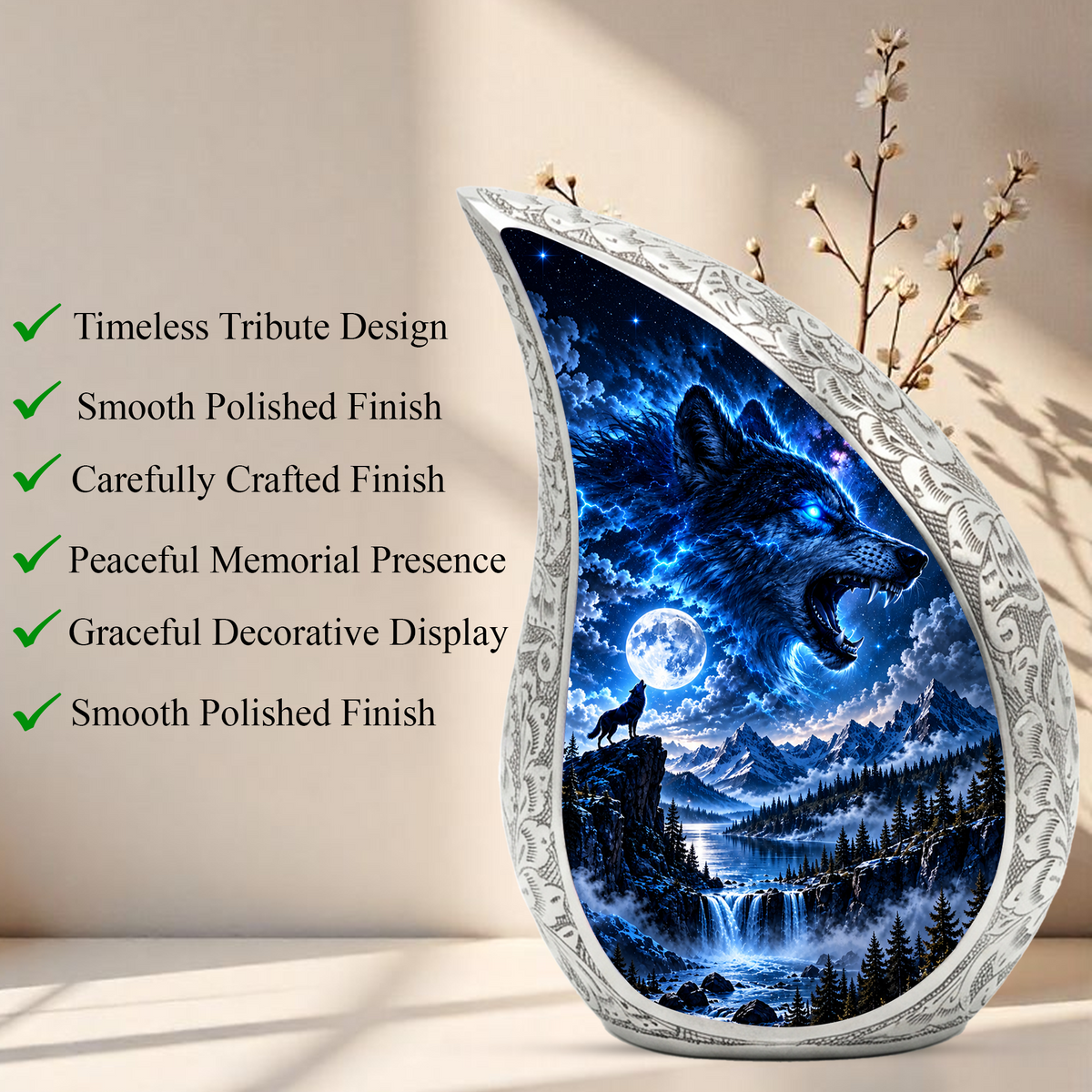 Wolf Adult Urn for Ashes, Blue Wolf Cremation Urn for Human Ashes