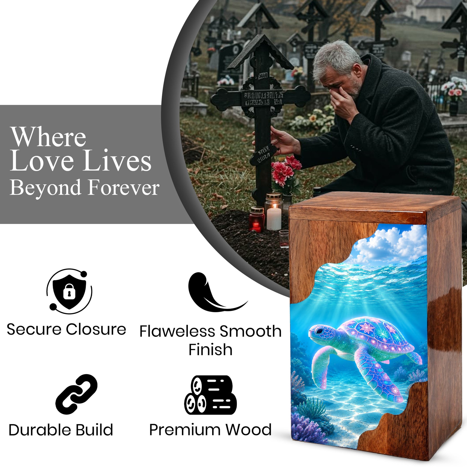 Sea Turtle Wooden Cremation Urn – Ocean Memorial Urn for Human Ashes