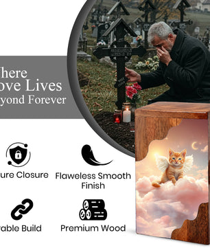 Cat Wooden Cremation Urn – Angel Cat Memorial Urn | Custom Pet Urn for Cat Ashes