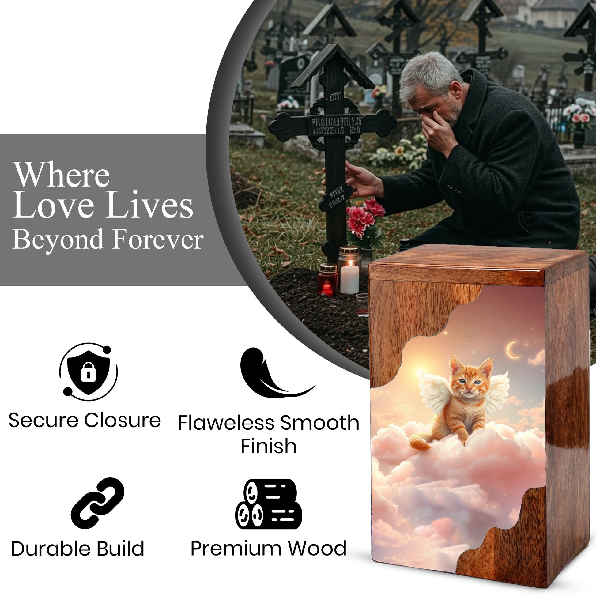Cat Wooden Cremation Urn – Angel Cat Memorial Urn | Custom Pet Urn for Cat Ashes