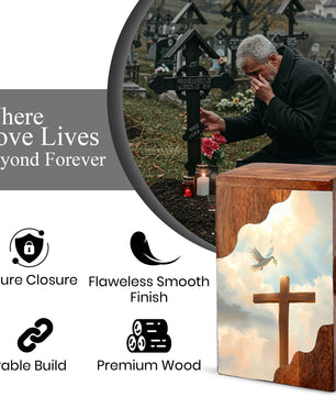 Wooden Cremation Urn – Cross Memorial Urn | Christian Wooden Urn for Ashes