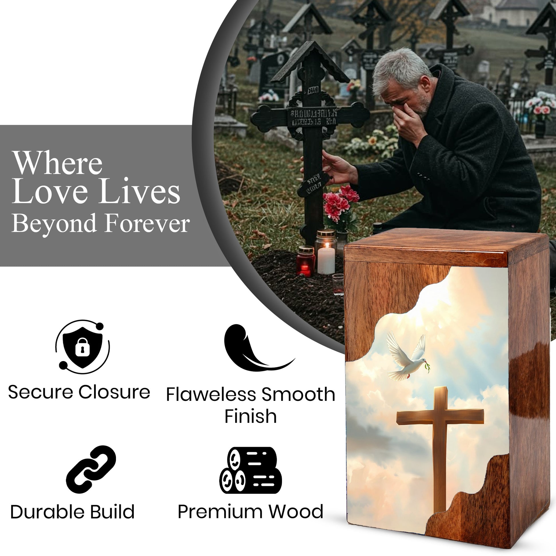 Wooden Cremation Urn – Cross Memorial Urn | Christian Wooden Urn for Ashes