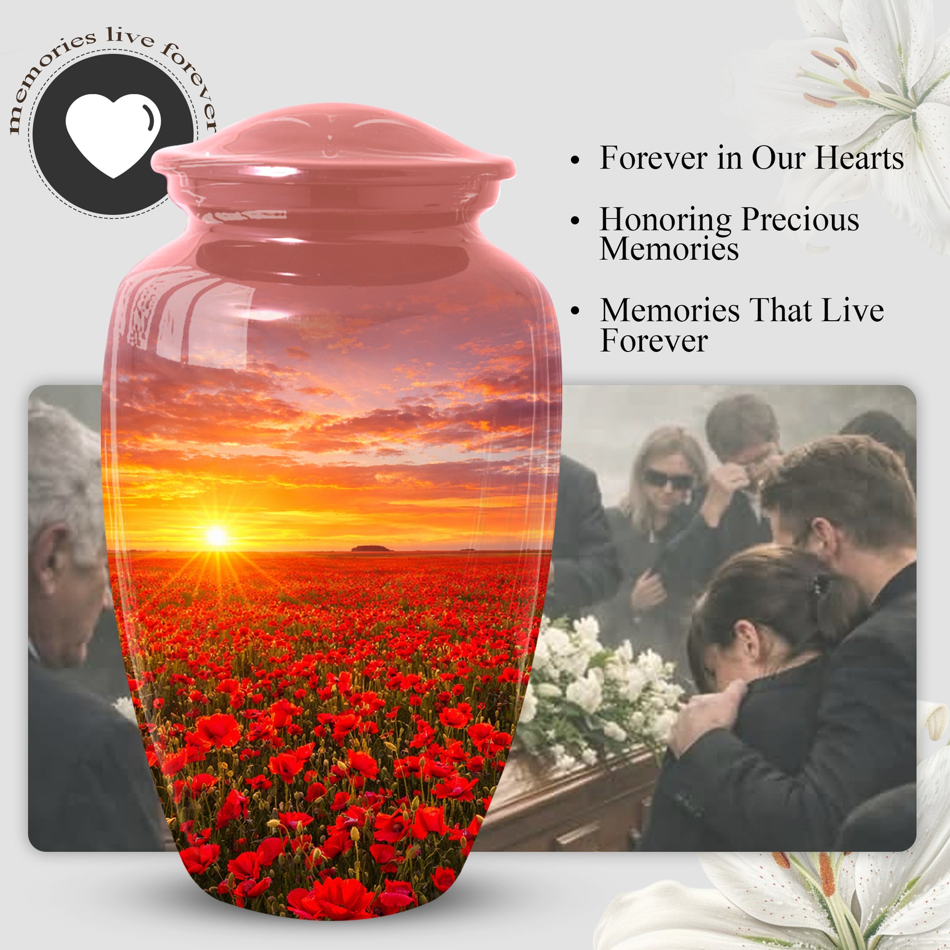 Poppy Flower Urn for Mom, Sunset Cremation Large Urn for Ashes