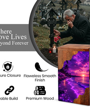 Beach Wooden Cremation Urn – Ocean Sunset Memorial Urn for Human Ashes