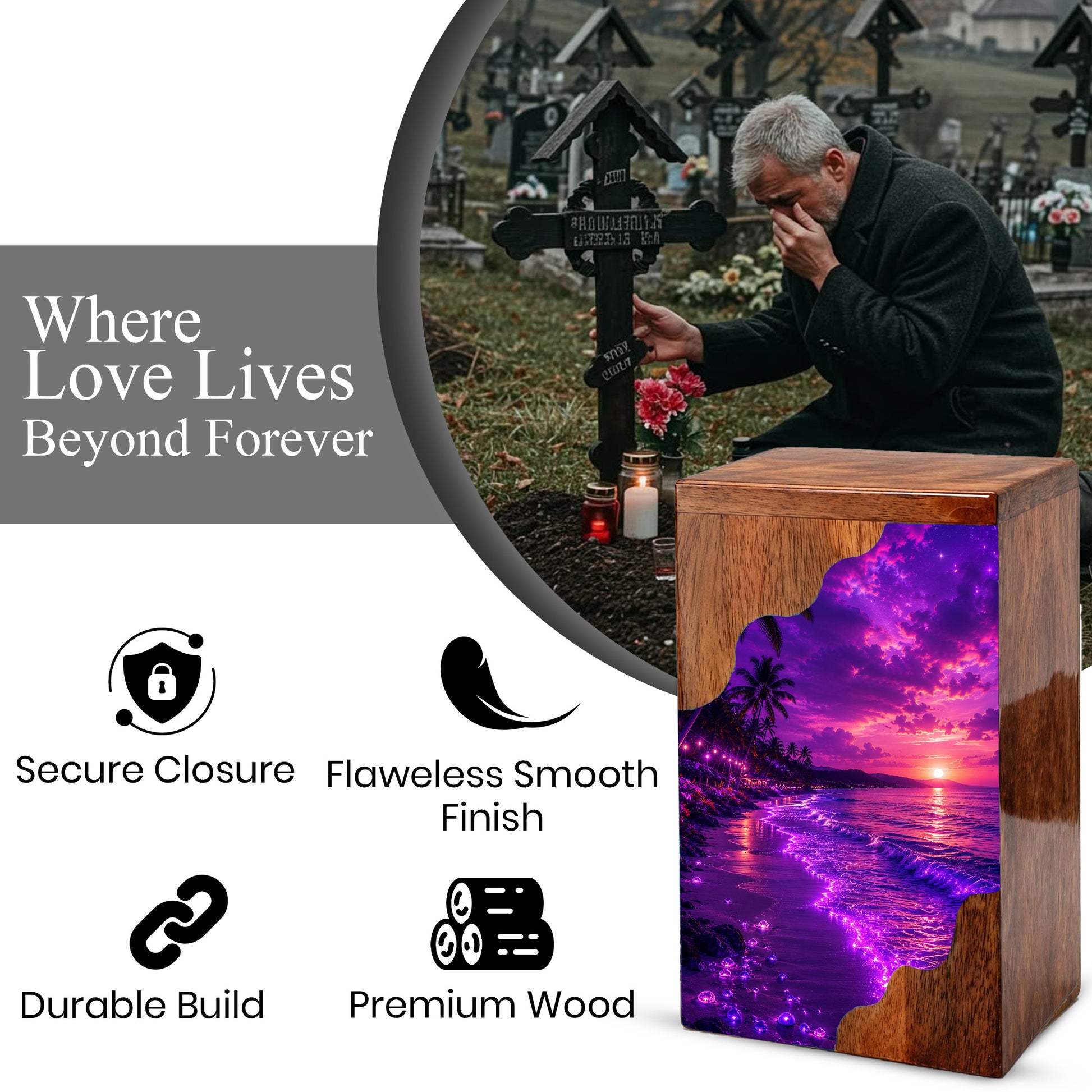 Beach Wooden Cremation Urn – Ocean Sunset Memorial Urn for Human Ashes