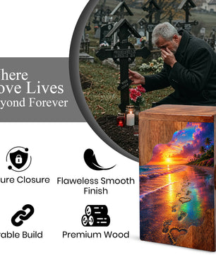 Beach Wooden Cremation Urn for Human Ashes | Ocean Sunset Memorial Urn