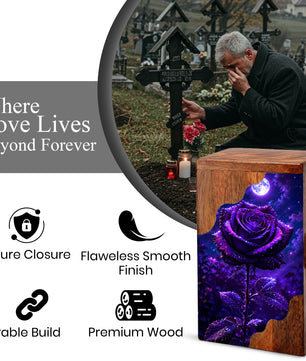 Moonlit Purple Rose Wooden Cremation Urn – Floral Memorial Urn for Human Ashes