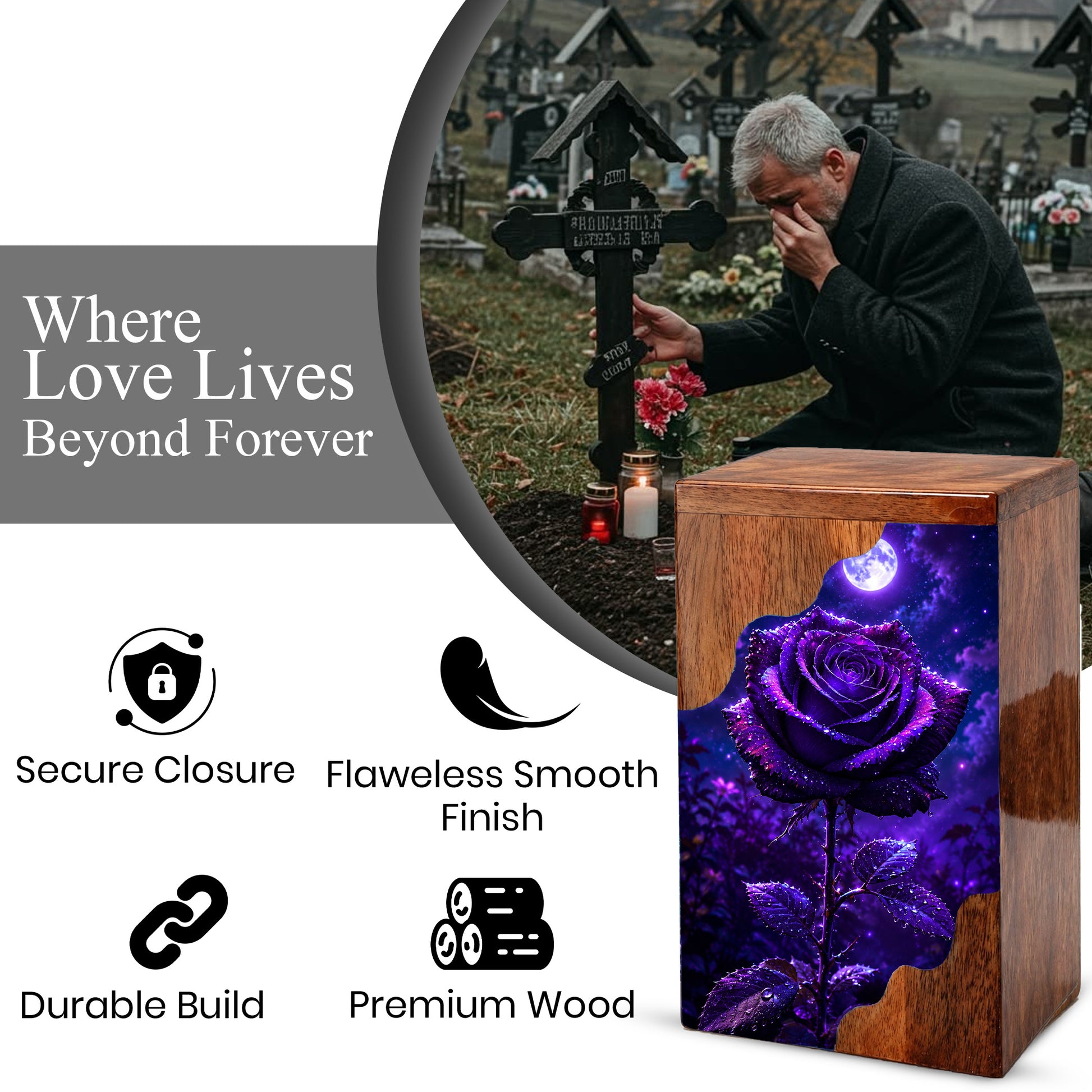 Moonlit Purple Rose Wooden Cremation Urn – Floral Memorial Urn for Human Ashes