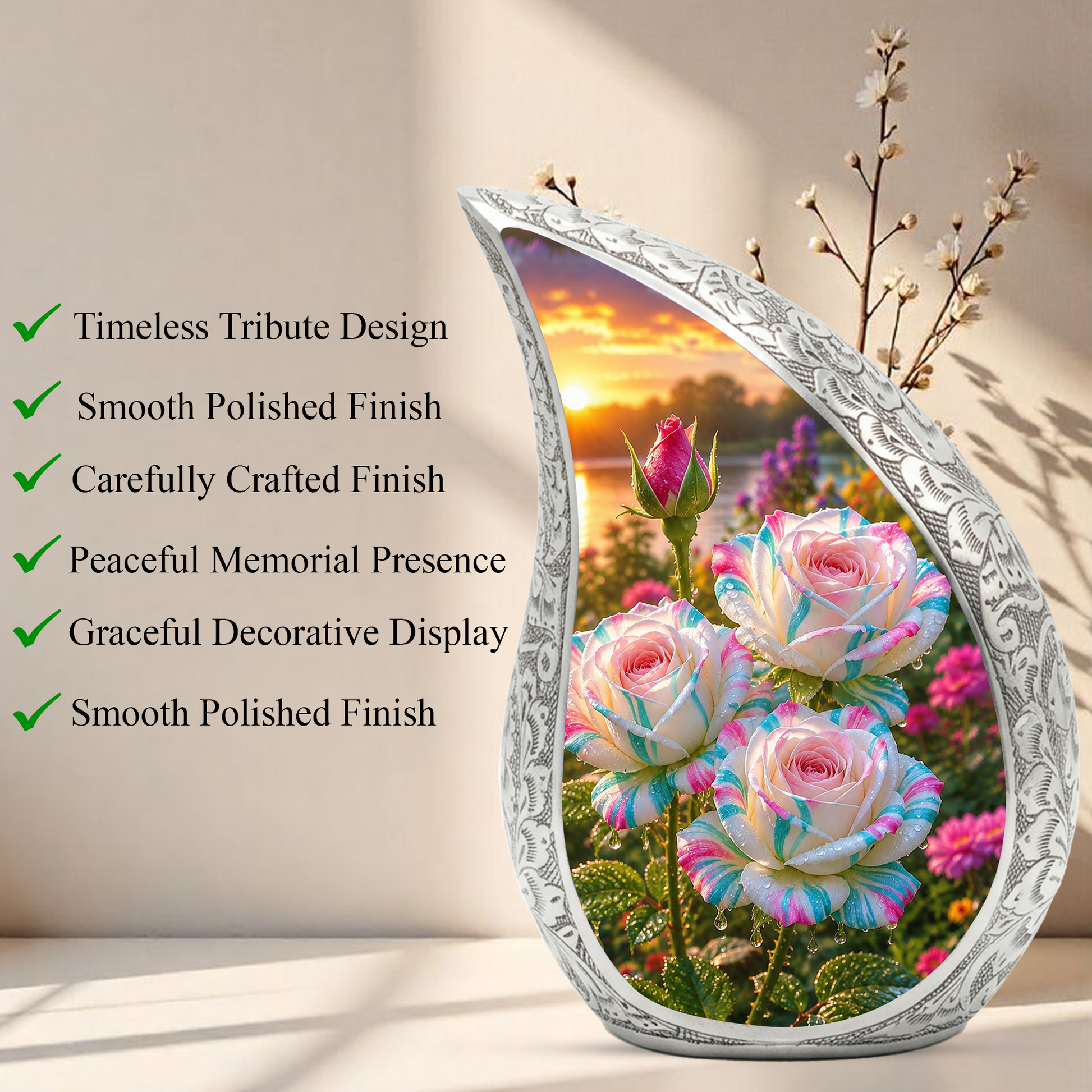 White Rose Adult Urn for Human Ashes – Elegant Memorial Urn for Mom,