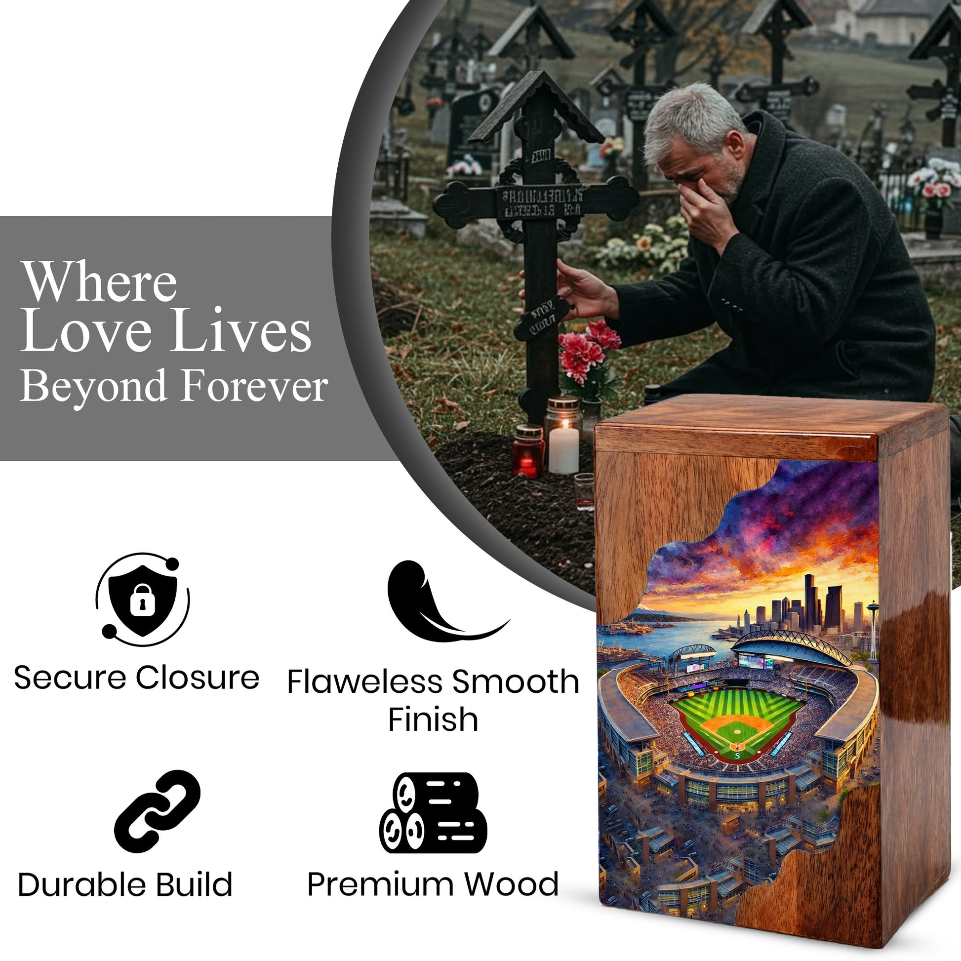 Wooden Cremation Urn – Baseball Stadium Memorial Urn | Custom Wooden Urn for Dad