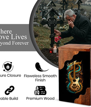Dragon Guitar Wooden Cremation Urn – Music Memorial Urn with Mythical Dragon