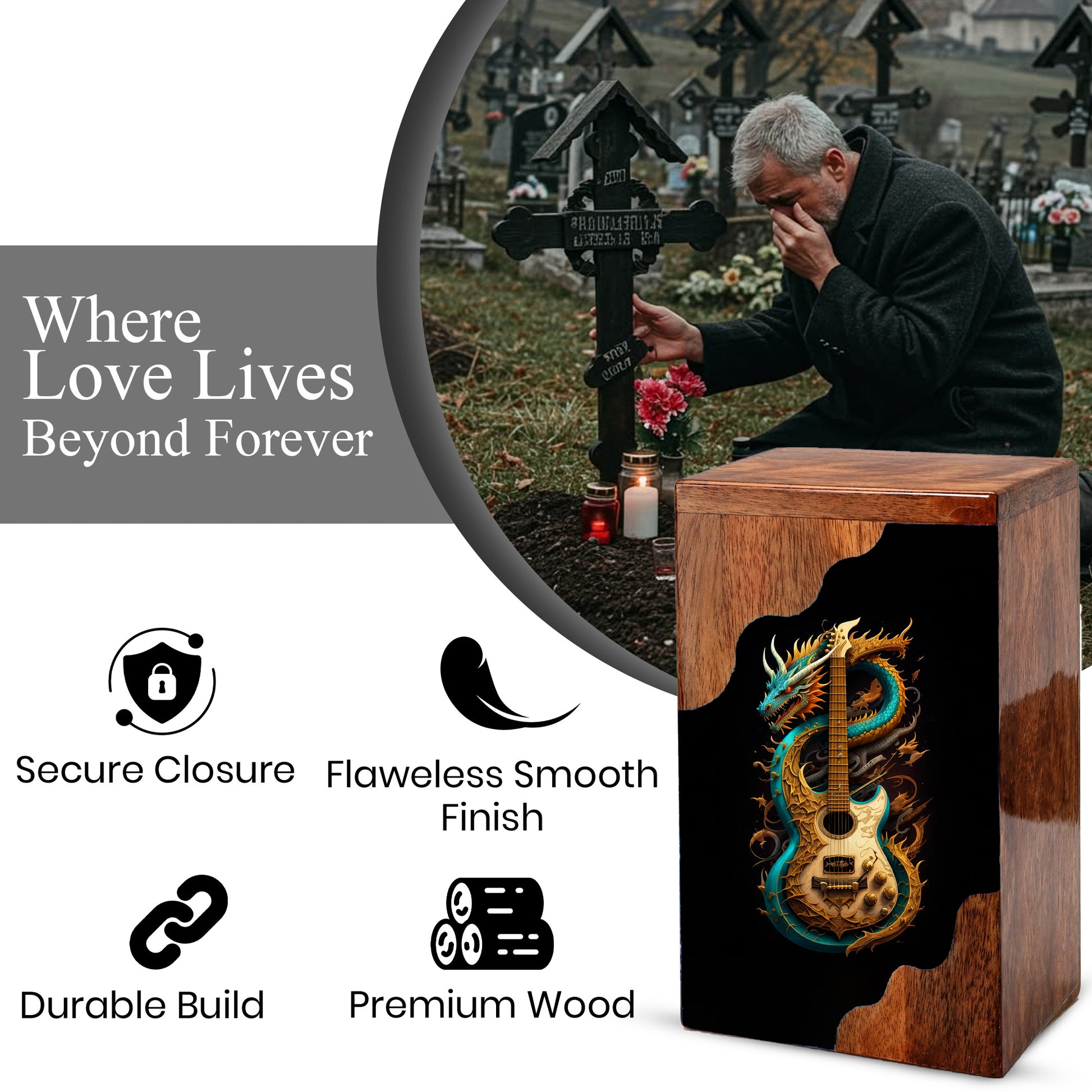 Dragon Guitar Wooden Cremation Urn – Music Memorial Urn with Mythical Dragon