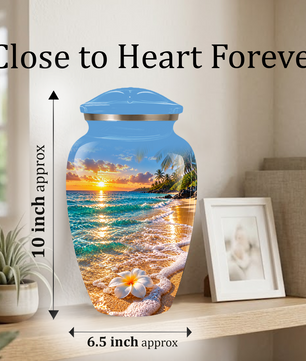 Tropical Beach Sunset Memorial Urn, Plumeria Flower Urn for Human Ashes