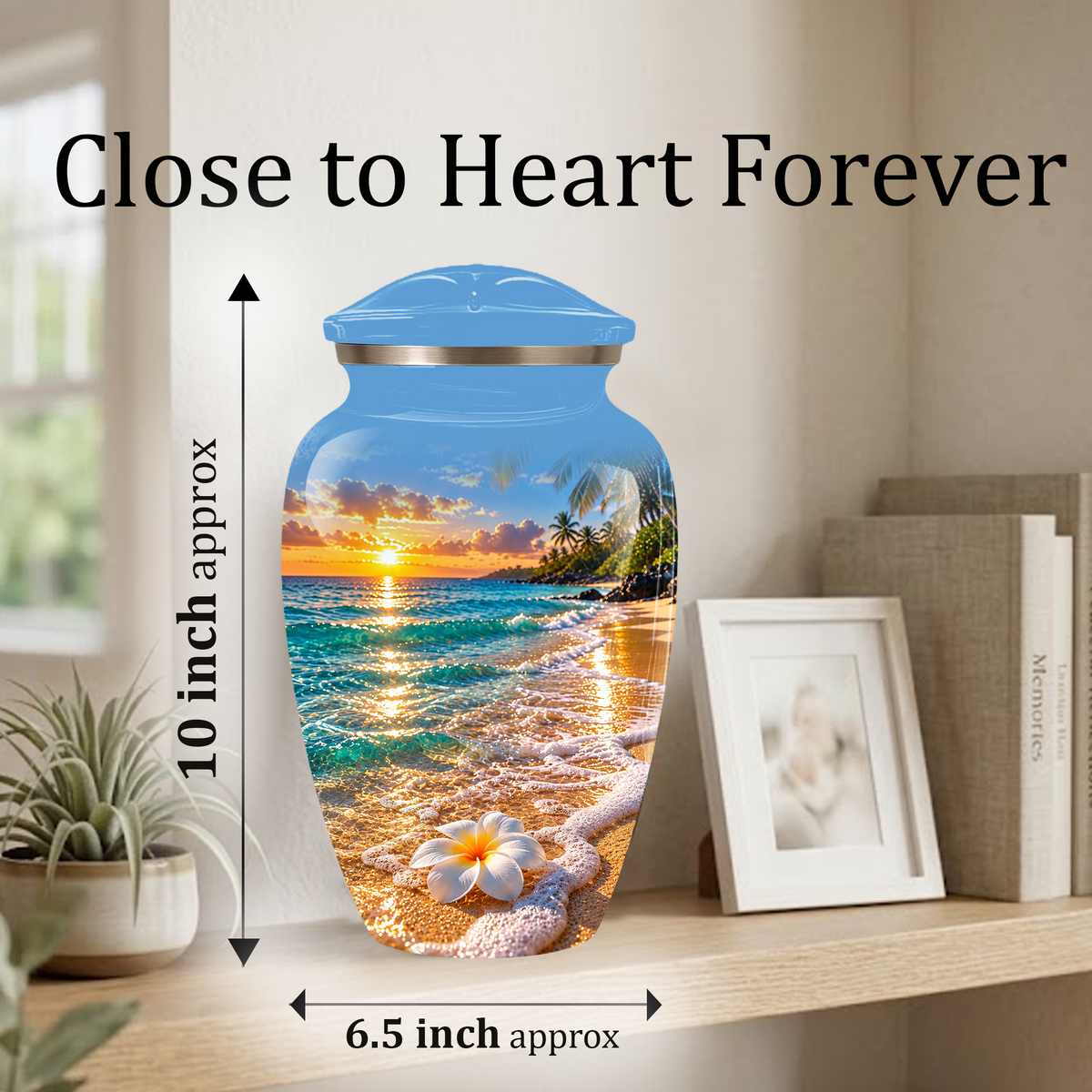 Tropical Beach Sunset Memorial Urn, Plumeria Flower Urn for Human Ashes