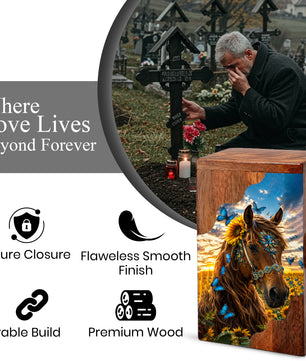 Horse Wooden Cremation Urn – Butterfly & Sunflower Memorial Urn for Ashes